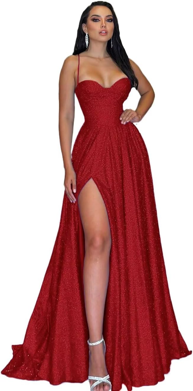 Women's Glitter Prom Dresses 2026 Long Formal Gowns with Slit Spaghetti Strap Sparkly A-line Evening Party Dress