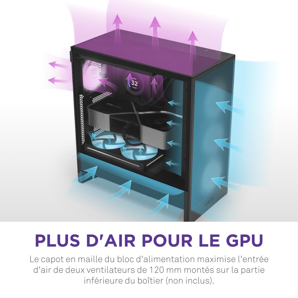NZXT H5 Flow - Boîtier de PC Gaming Compact Moyen Tour ATX - Flux d'air élevé - 2 × Ventilateurs de 120 mm Inclus - Support de radiateur Avant 360 mm - Noir