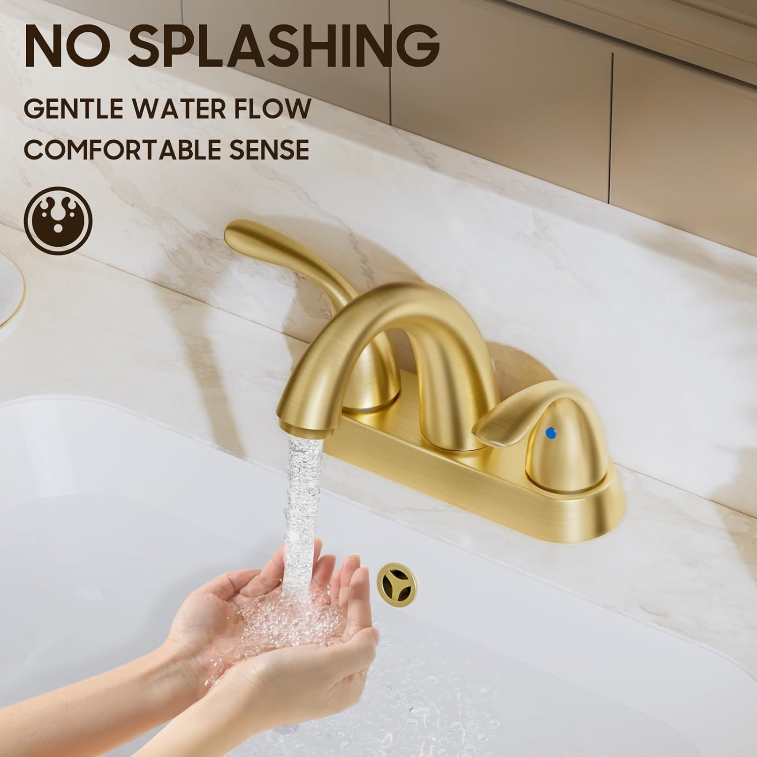 Phiestina Brushed Gold 4 Inch Centerset 2 or 3 Holes 2 Handle Bathroom Faucet, Bathroom Faucet with Copper Pop Up Drain and Water Supply Lines, BF008-5-BG