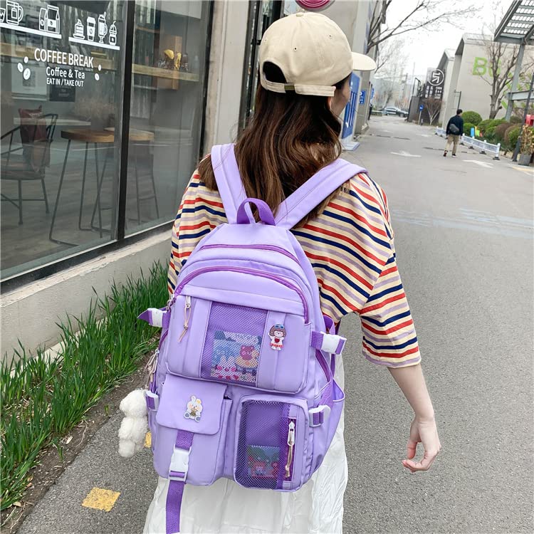 Kawaii Backpack with Pins and Pendant Accessories Cute College High School Backpack Laptop Bookbags for Teens Girls (Purple)2