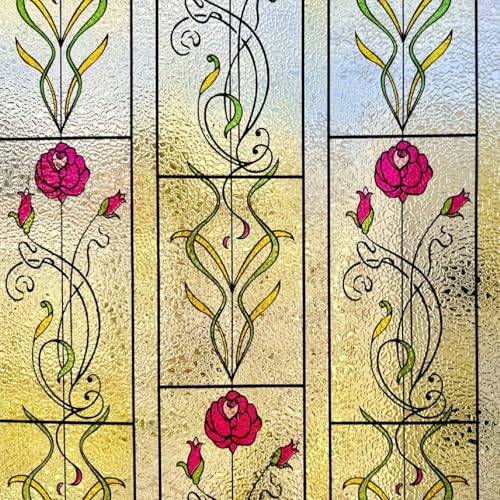 KESPEN WINDOW FILMS Window Privacy Film Stained Glass Frosted Glass Films Decorative Window Film with Rose Flower Static Cling Non-Adhesive Glass Stickers Heat Control for Home, 23.6 Inch X 6.5 Feet