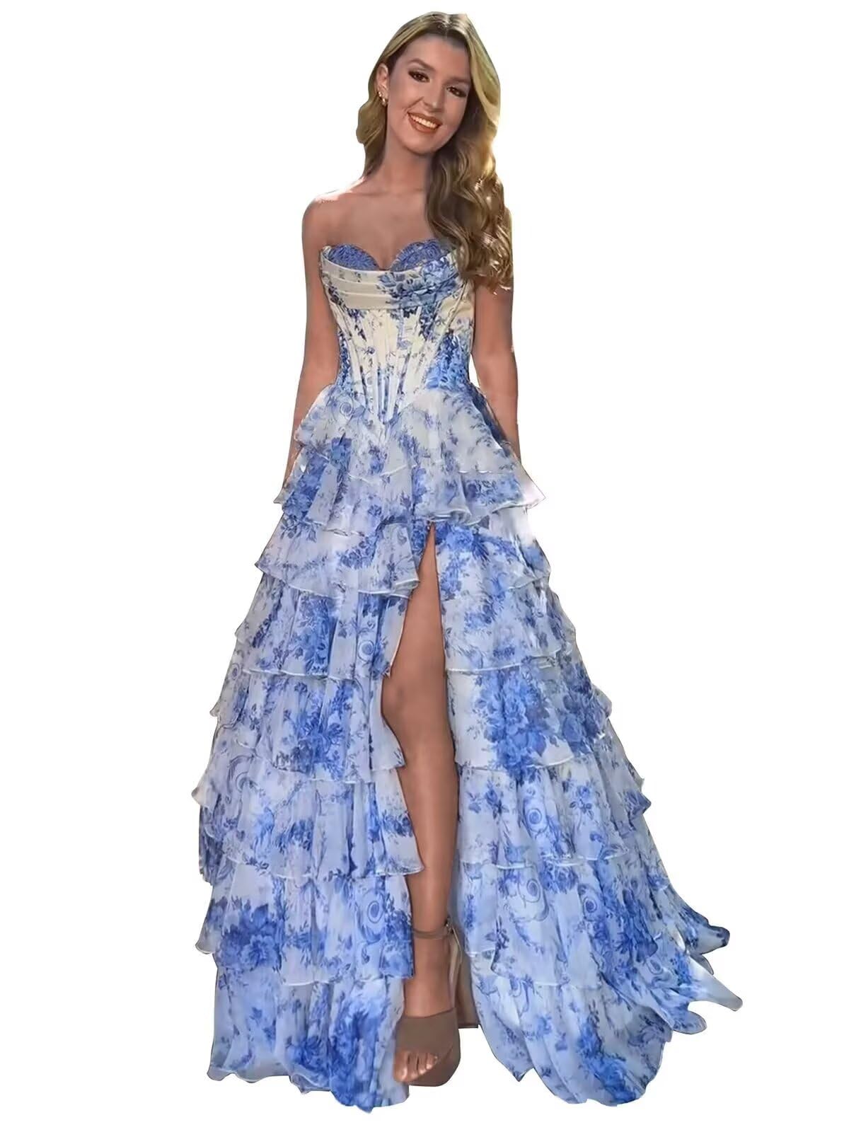Floral Prom Dresses for Women Tiered Chiffon A Line Sweetheart Prom Dress with Slit LW017