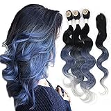 YXCHERISHAIR Brazilian Natural Wave 3 Bundles with Lace Closure,Ombre Synthetic Body Wave Hair Extensions Multi Color,100% Kanekalon Japanese Fiber Heat Resistance (#Ombre Blue)