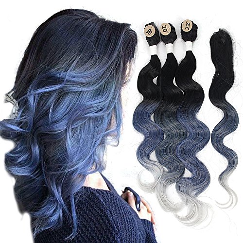YXCHERISHAIR Brazilian Natural Wave 3 Bundles with Lace Closure,Ombre Synthetic Body Wave Hair Extensions Multi Color,100% Kanekalon Japanese Fiber Heat Resistance (#Ombre Blue)