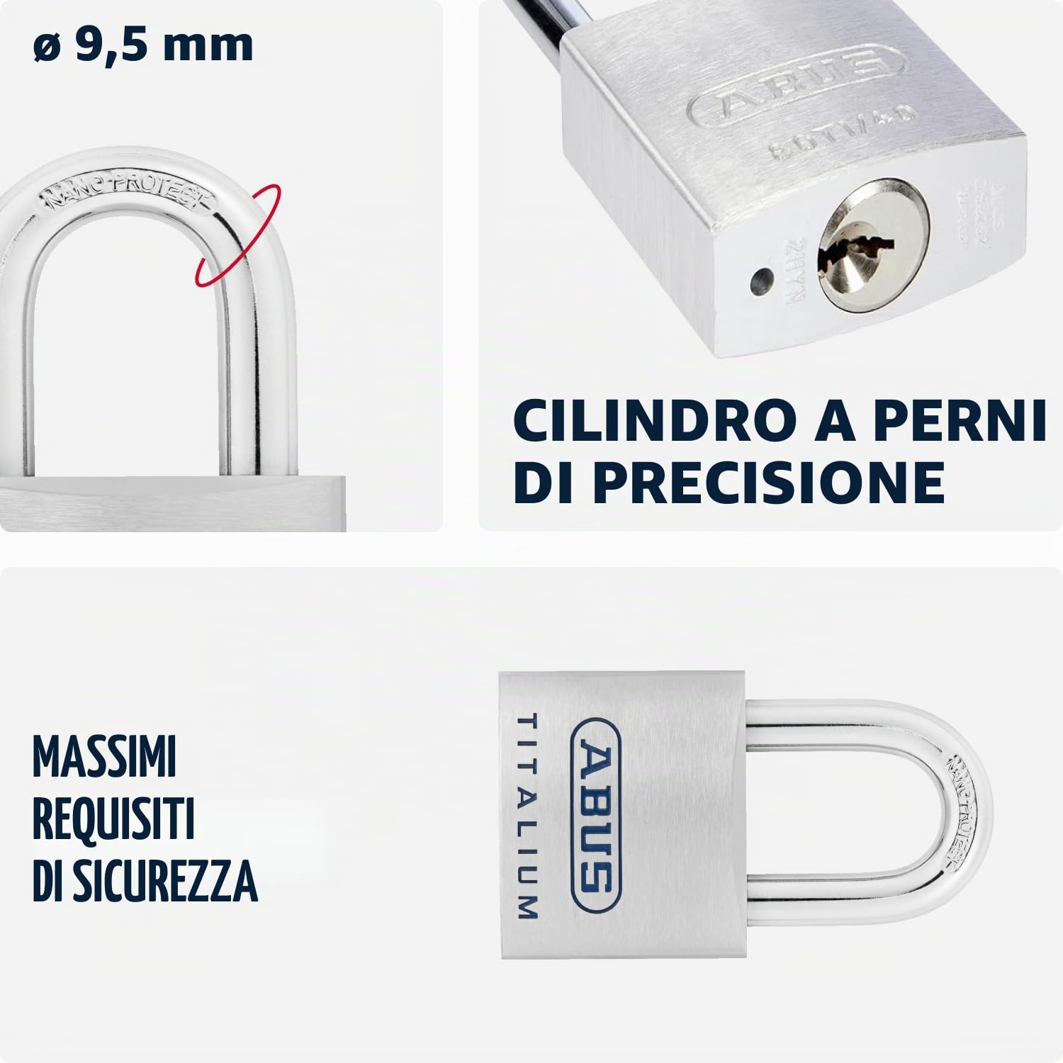 ABUS Lucchetto Titalium 96TI/50 - Alluminio Speciale, Livello di Sicurezza | Corpo massiccio extra leggero, arco in acciaio Nano Protect, chiave reversibile, 50 mm - peso 212 g, chiusura automatica