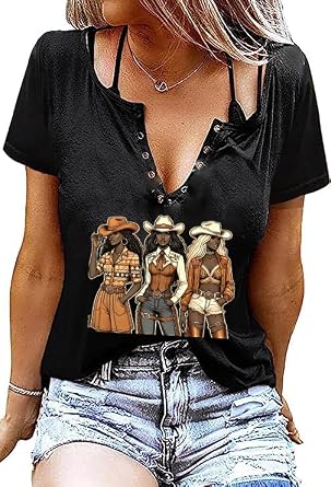 African American Cowgirl V-Neck T-Shirt for Women Black Western Country Texas Rodeo Rock Roll Style Top