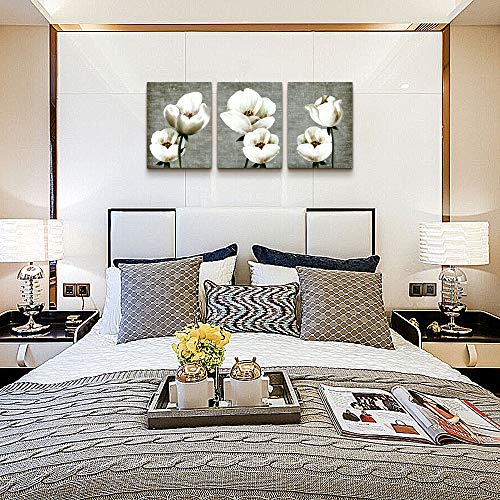 Image of Vintage Style White Flowers Abstract Wall Art - 3 Panels Modern Family Decor For Living Room, Bedroom, Bathroom, Kitchen