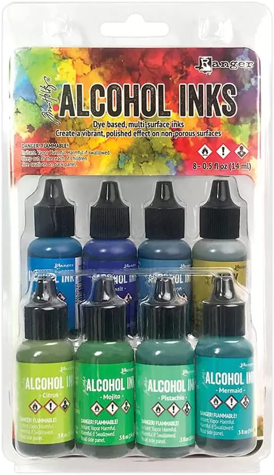 Ranger Tim Holtz Alcohol Inks 8 pc Blues / Greens Alloy Gilded Dye Based, Multi-Surface Inks