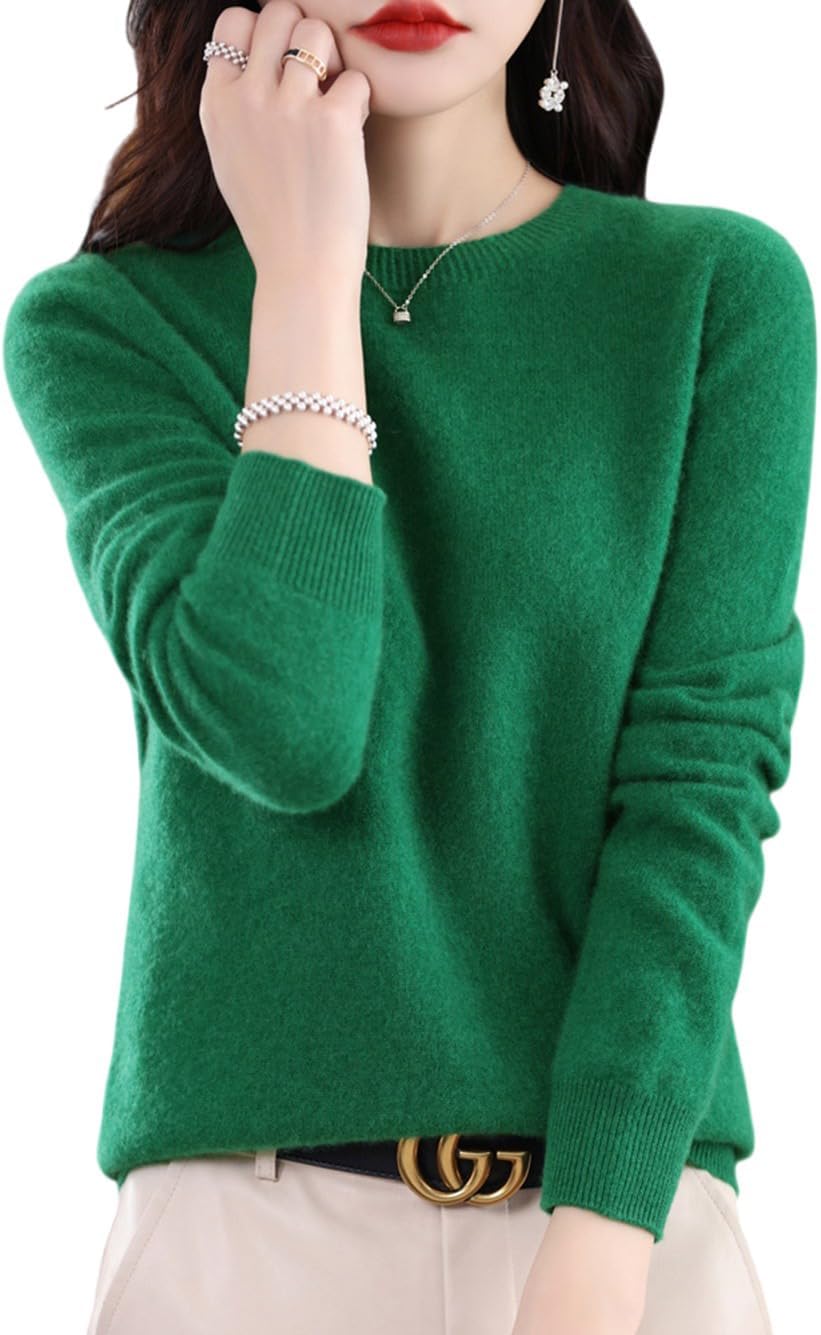 100% Merino Wool Sweaters Women's Fall Winter Warm Soft Knitted Loose Pullover Round Neck Long Sleeves(202)