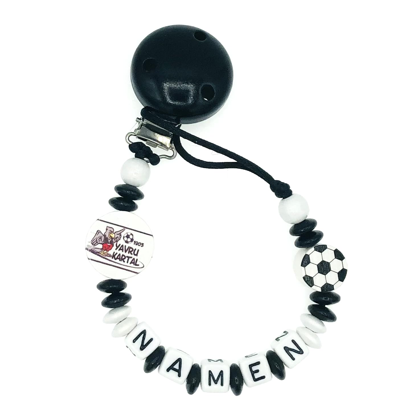 Set Nuckelkette + Kinderwagenkette mit Namen " für BESIKTAS fan - YAVRU KARTAL - FUßBALL " Schwarz Weiß/Baby/Unisex/Personalisiert/HANDMADE