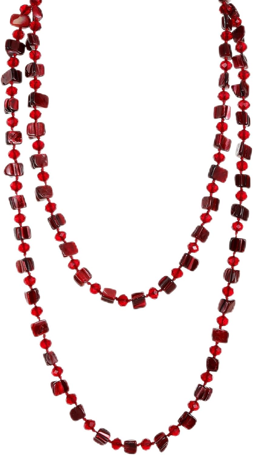 48'' Colorful Irregular Iridescent Sea Shell Beaded Long Necklace, Bohemian Chunky Vintage Style Costume Jewelry for Women