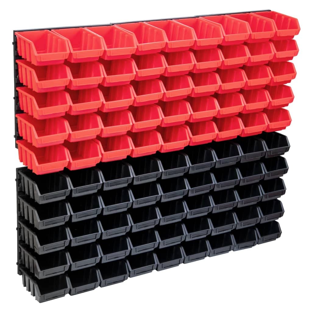 vidaXL Kit de Bacs de Stockage et Panneaux Muraux 96 pcs Boîte d'Empilage Système de Stockage d'Outils Garage Atelier de Bricolage Rouge et Noir