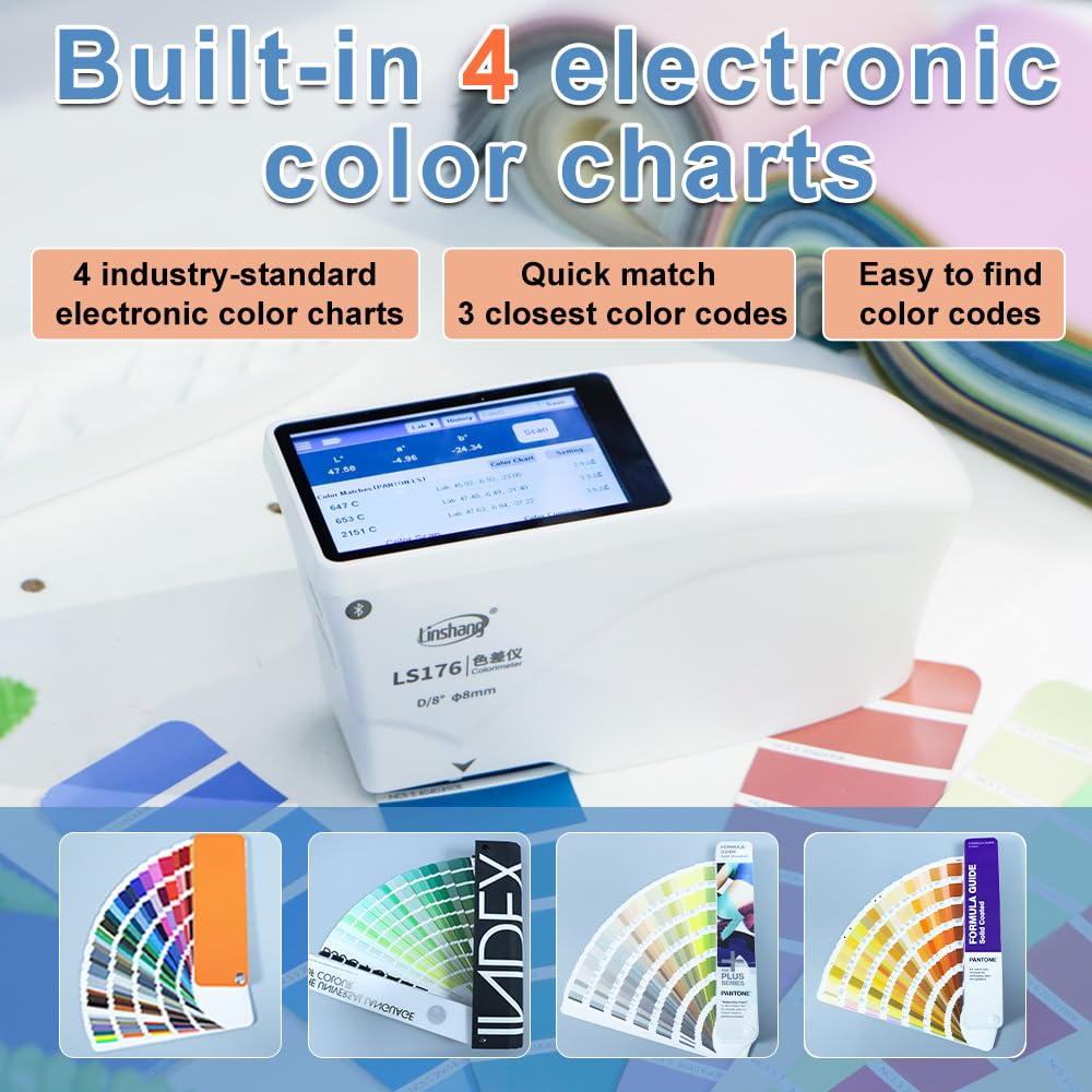 Linshang LS176 Spectrophotometer displaying color chart options, with various physical color fan decks in the background.