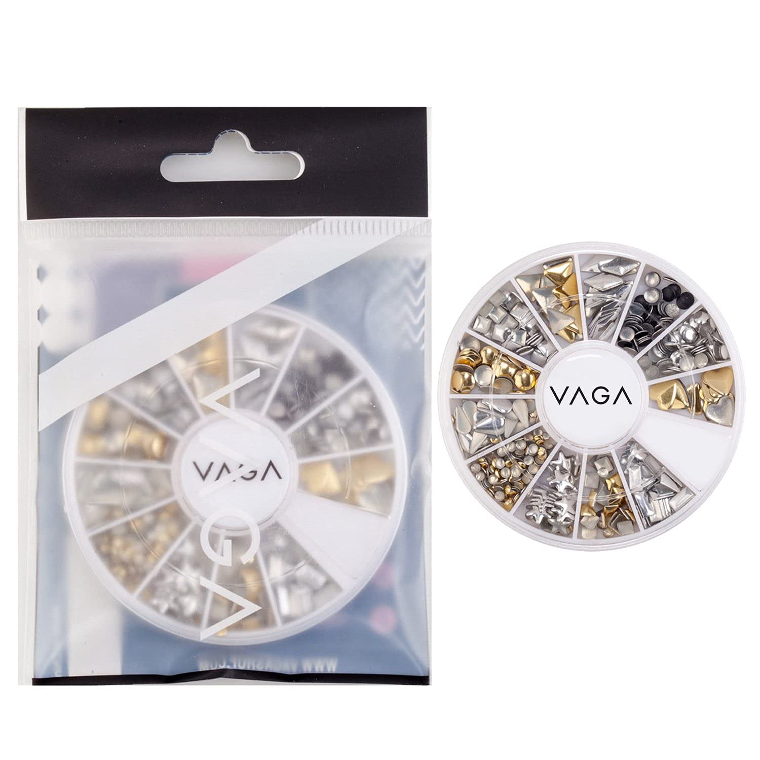 VAGA Professional Manicure 3d Nail Art Decorations For Nail Art Supplies This Wheel Includes Gold And Silver Metal Studs In 12 Different Shapes, the Perfect Nail Jewelry and Decorations