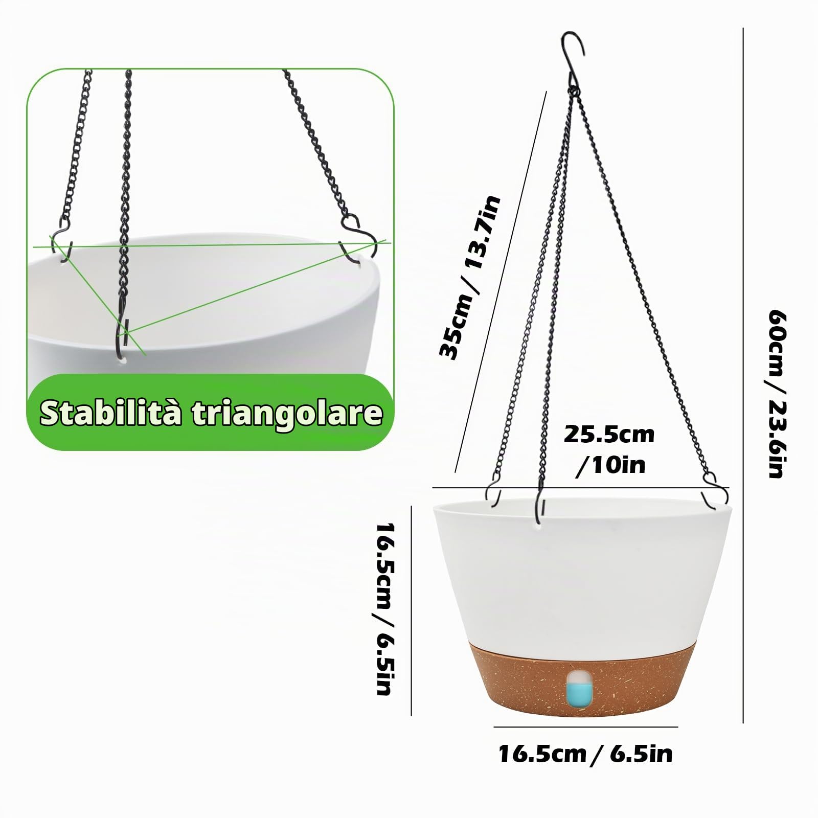 Set 2 Vasi da Fiori Sospesi 25cm, Vasi Auto-Irriganti con Fori di Drenaggio e Sottovaso Rimovibile, Catena 43cm per Balcone, Giardino, Terrazza e Interni