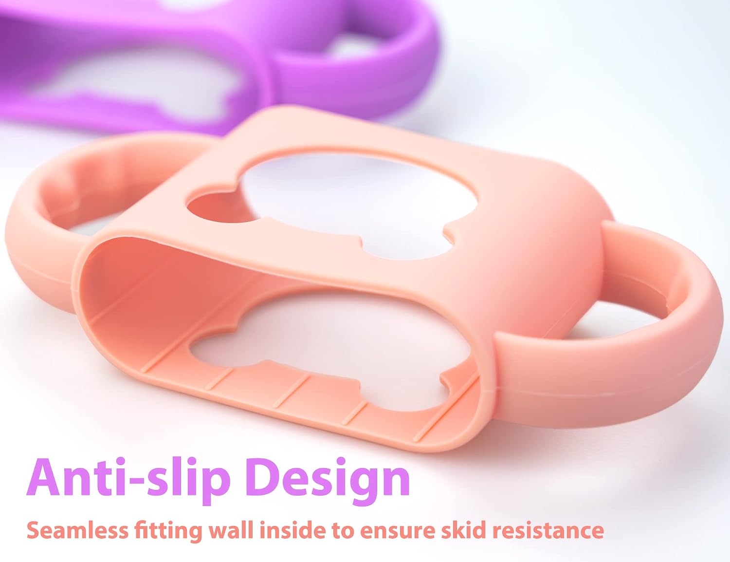 Baby Bottle Handles, Durable Food Grade Silicone Transitional Sippy Cup Handle Grip for Wide-Neck Baby Bottles, Cute Bear Design, Pack of 2, Pink & Purple