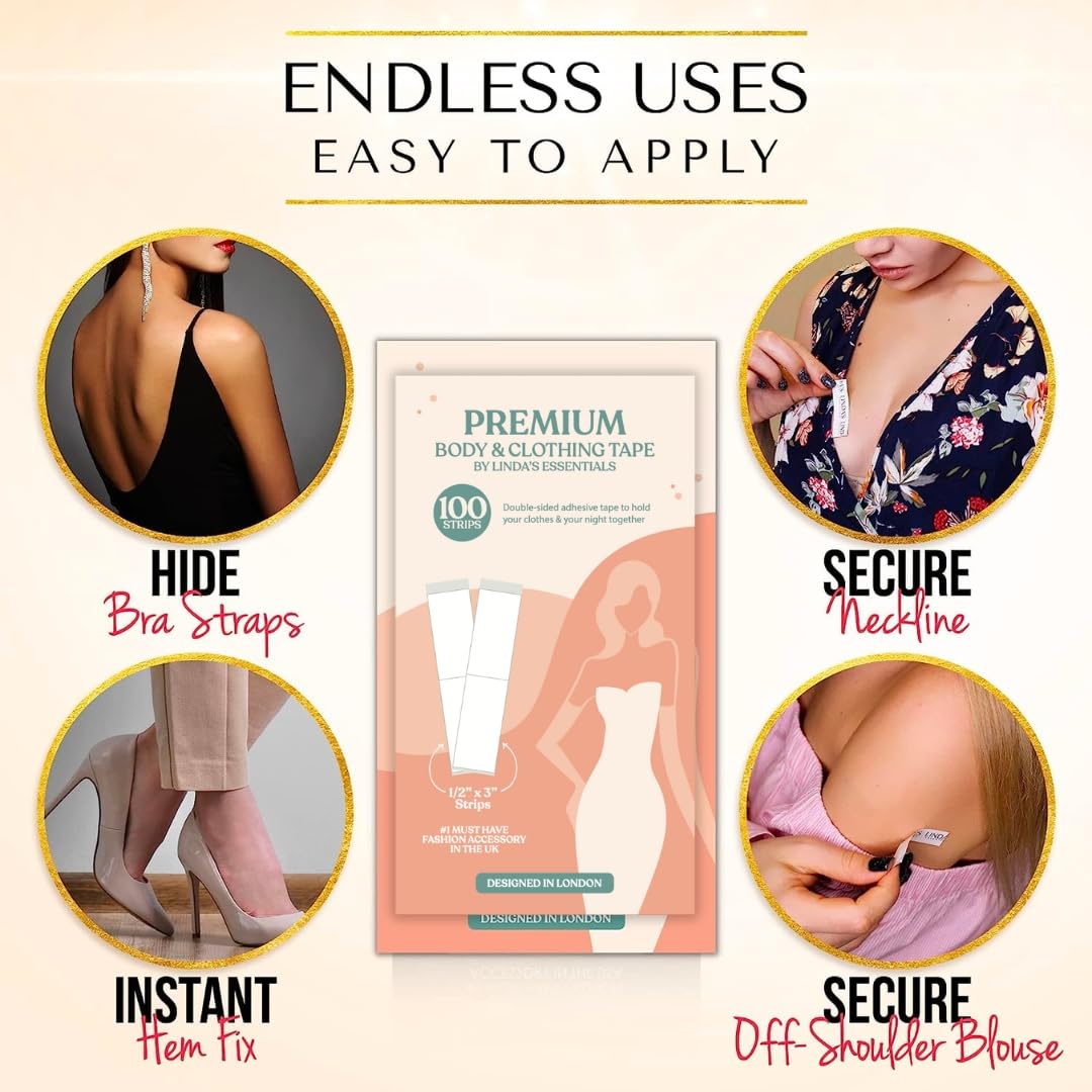 Linda's Essentials Nastro biadesivo Extra forte per tessuti Fashion Tape, biadesivo trasparente per scollature, spalline, orli