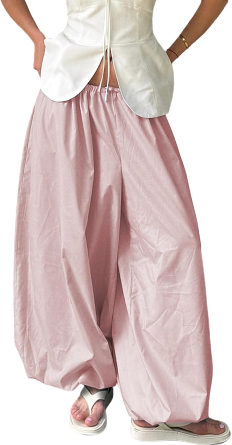 Tbahhir Women's Wide Leg Pleated Harem Pants Drawstring Elastic Waist Baggy Casual Palazzo Balloon Barrel Joggers