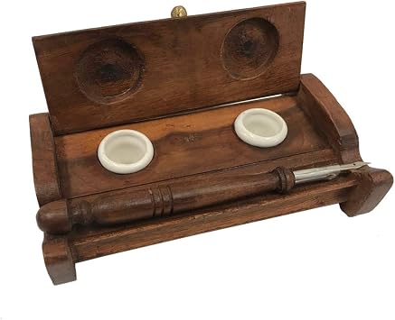Schooner Bay Co. - 7" Wood Inkwell Stand with Two Clay Inkwells and Wood Nib Pen- Colonial Reproduction Antique Vintage Style