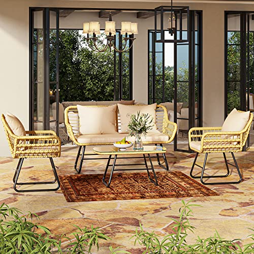 Yitahome 4-Piece Patio Furniture Wicker Outdoor Bistro Set, All-Weather Rattan Conversation Loveseat Chairs For Backyard, Balcony And Deck With Soft Cushions And Metal Table (Light Brown+Beige) #TOP1