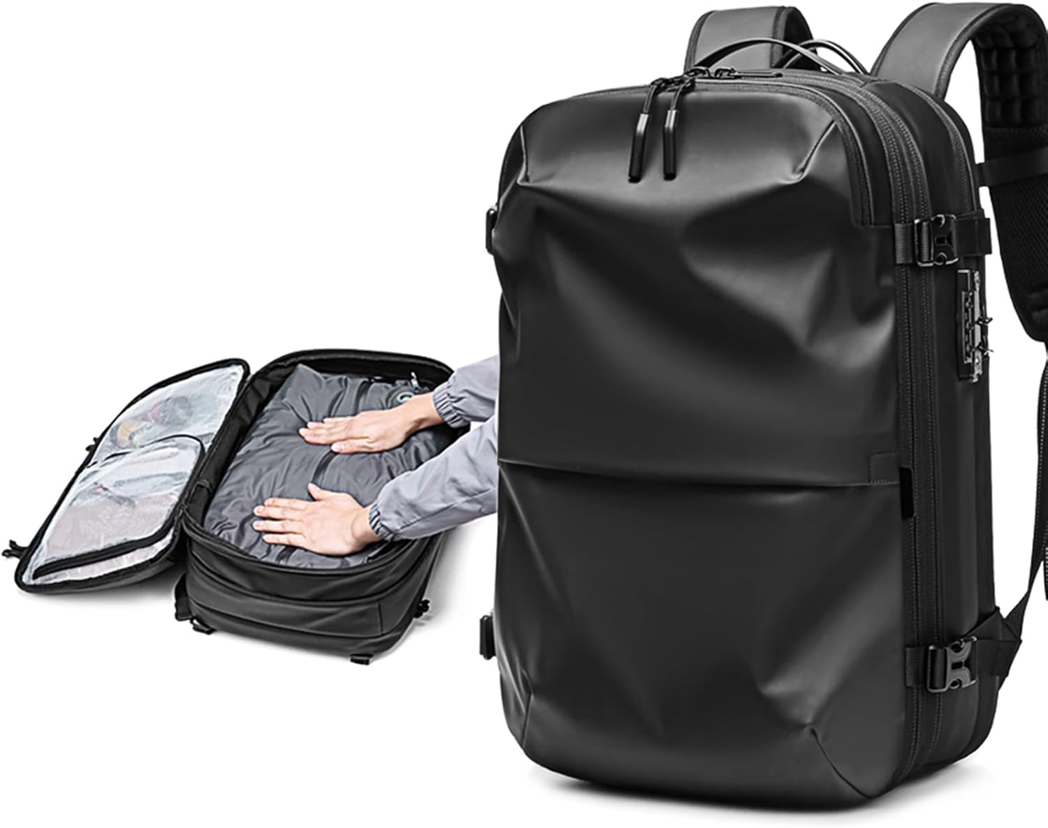 Vacpack Backpack Travel Computer Hiking Business Waterproof Anti Theft Grey Leather Large without Vacuum Compression Pump Backpacks for Men Carry on Backpack for Airplanes, 02- Black