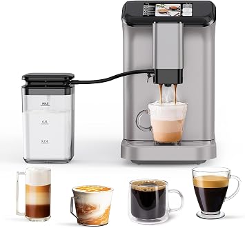 Fully Automatic Espresso Coffee Machine with Milk Frother, 20 Bar Pressure, 15 Adjustable Grinding Levels, TFT Touch Screen, 8 in Cappuccino Coffee Maker