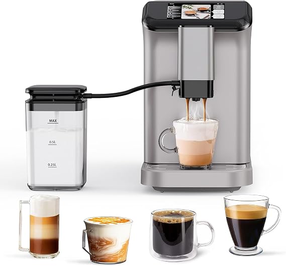 Fully Automatic Espresso Coffee Machine with Milk Frother, 20 Bar Pressure, 15 Adjustable Grinding Levels, TFT Touch Screen, 8 in Cappuccino Coffee Maker