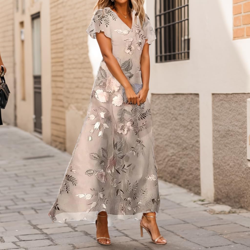 TIAFORD Vestido largo de verano con estampado floral y cuello en V para mujer, casual, bohemio, manga corta, con vuelo, de gasa, para la playa