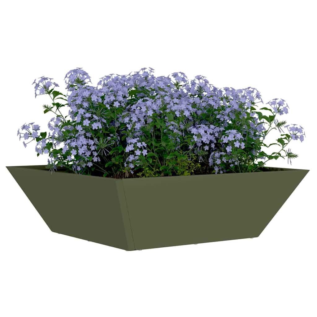 Oliwkowy metalowy pojemnik na rośliny, 50 x 50 x 15 cm, z nowoczesnym, minimalistycznym designem, do ogrodu, na taras, balkon, do użytku wewnątrz lub na zewnątrz, trwała stal z spodkiem odpływowym