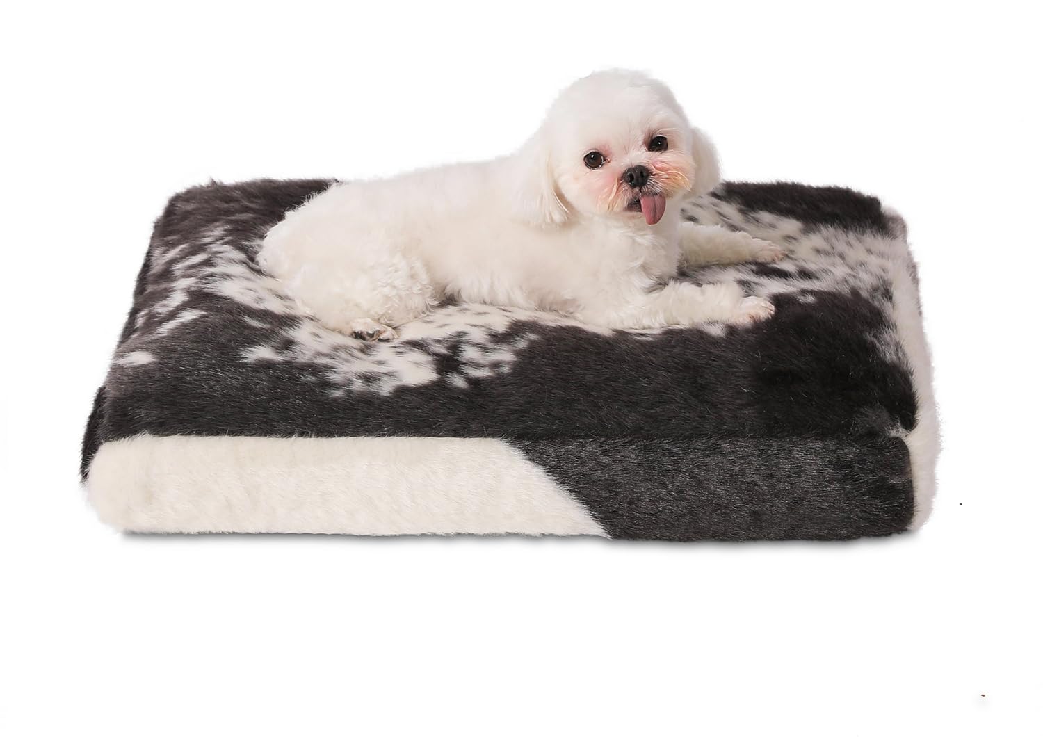 Bedfolks Plush Waterproof Dog Crate Bed, Removable Washable Cover, Faux Fur Pad for Small Dogs & Cats, 17"x12", Black-White Cowhide — image 1