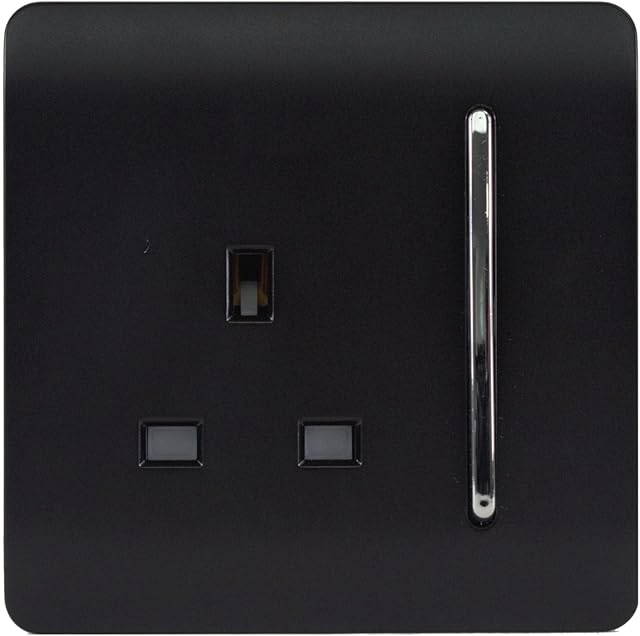 Trendi Artistic Modern 1 Gang 13 Amp Switched Plug Socket Matt Black
