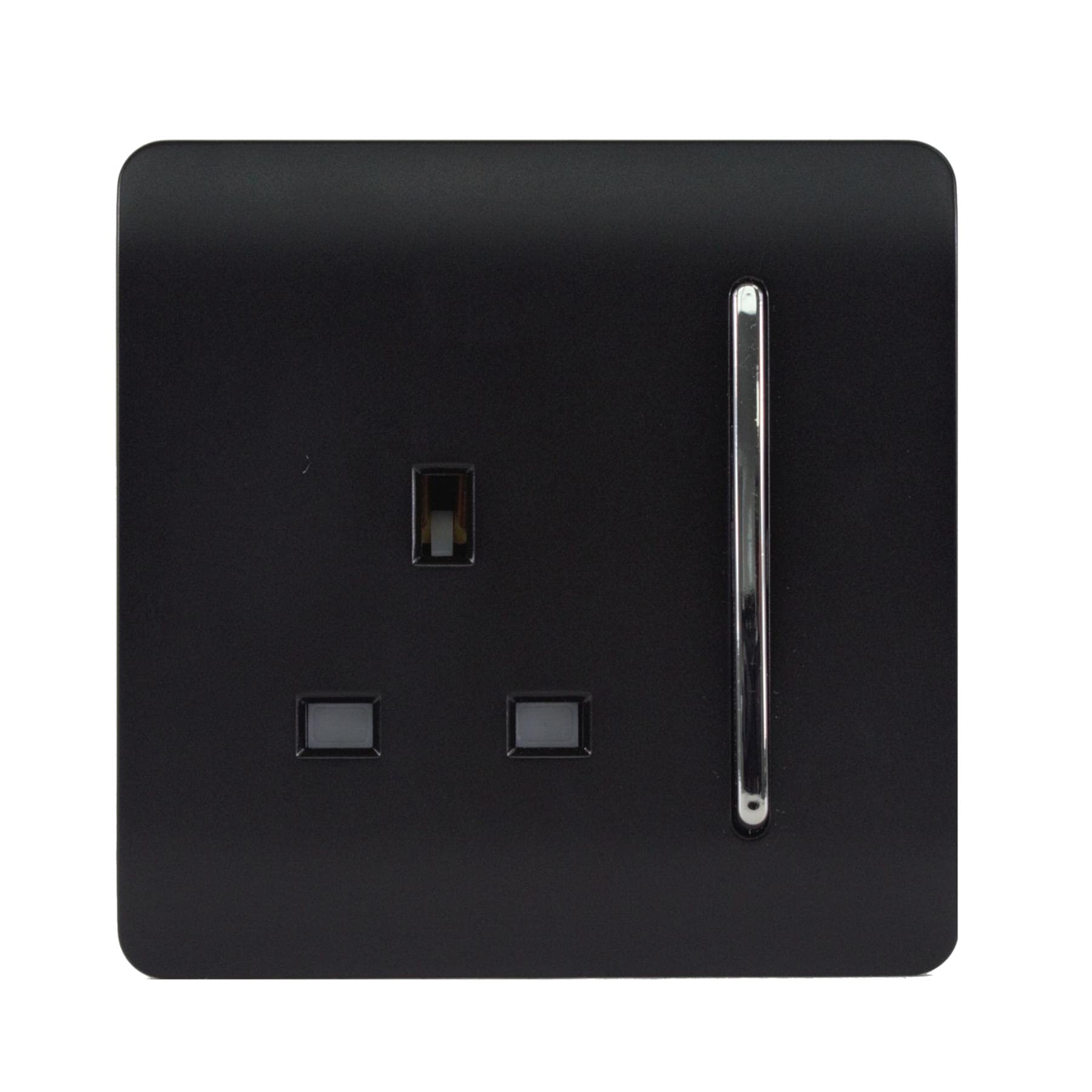 Trendi Switch Black Trendi 1 Gang Raised Artistic Modern Glossy Screwless 13 Amp Single Pole With Chrome Switched Uk Standard Electrical Double Wall Plug Socket In Matt - Art-Skt13mbk