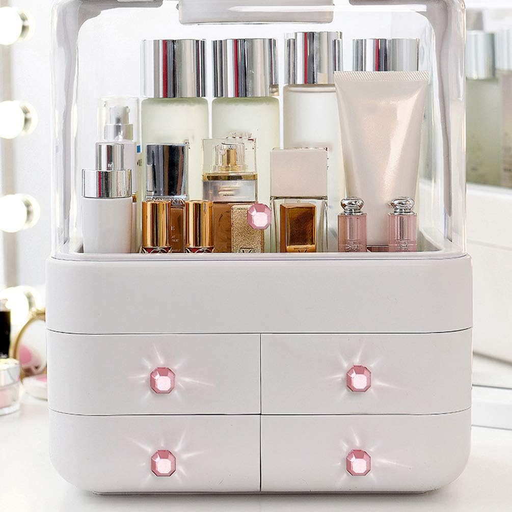 Cosmetic Storage with Dustproof Lid, Large Makeup Organizer, Display Boxes with Drawers for Vanity, 4 Drawers Fits Lipsticks Makeup Brushes Perfume,Pink (Gold)(Pink) (Silver)