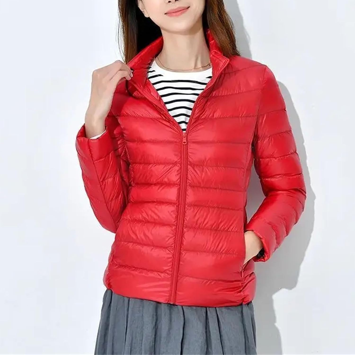 Hooded Puffer Jacket for Women Full Zip Quilted Waterproof Lightweight Packable Down Coat