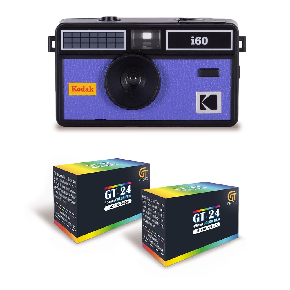 KODAK i60 - Appareil Photo Réutilisable 35mm, Style Rétro, sans Mise au Point, Flash Intégré Pop-up - Noir et Bleu + 2 Pellicules Couleur 24 Expositions