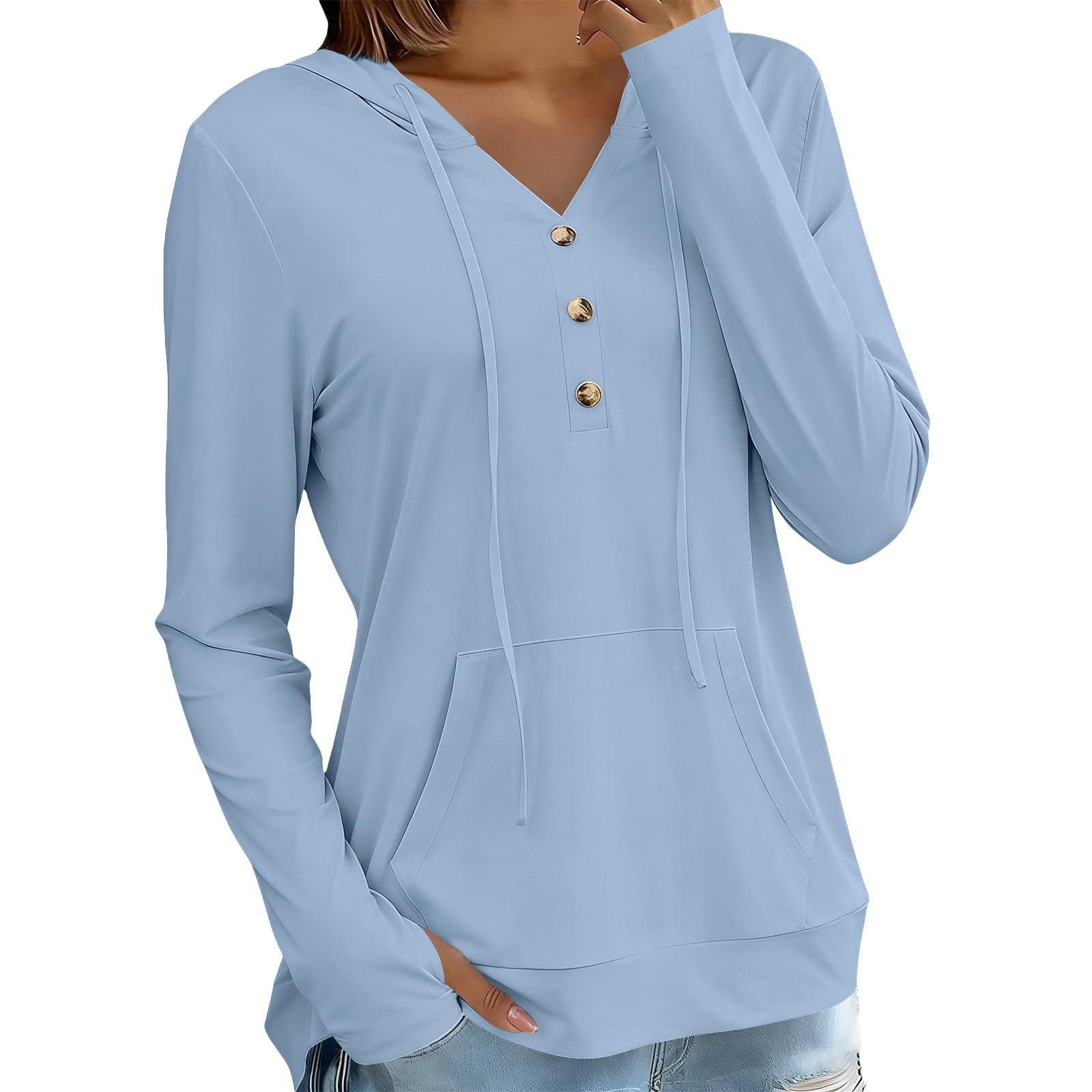 Sonnenschutz Hoodie Damen Sommer Dünne Sweatshirt mit Kapuze Knöpfe V-Ausschnitt Kapuzenpullover Schnelltrocknend Langarmshirt Locker Hoody Oberteile Leichte Langarm Sportshirt Casual Strand Top