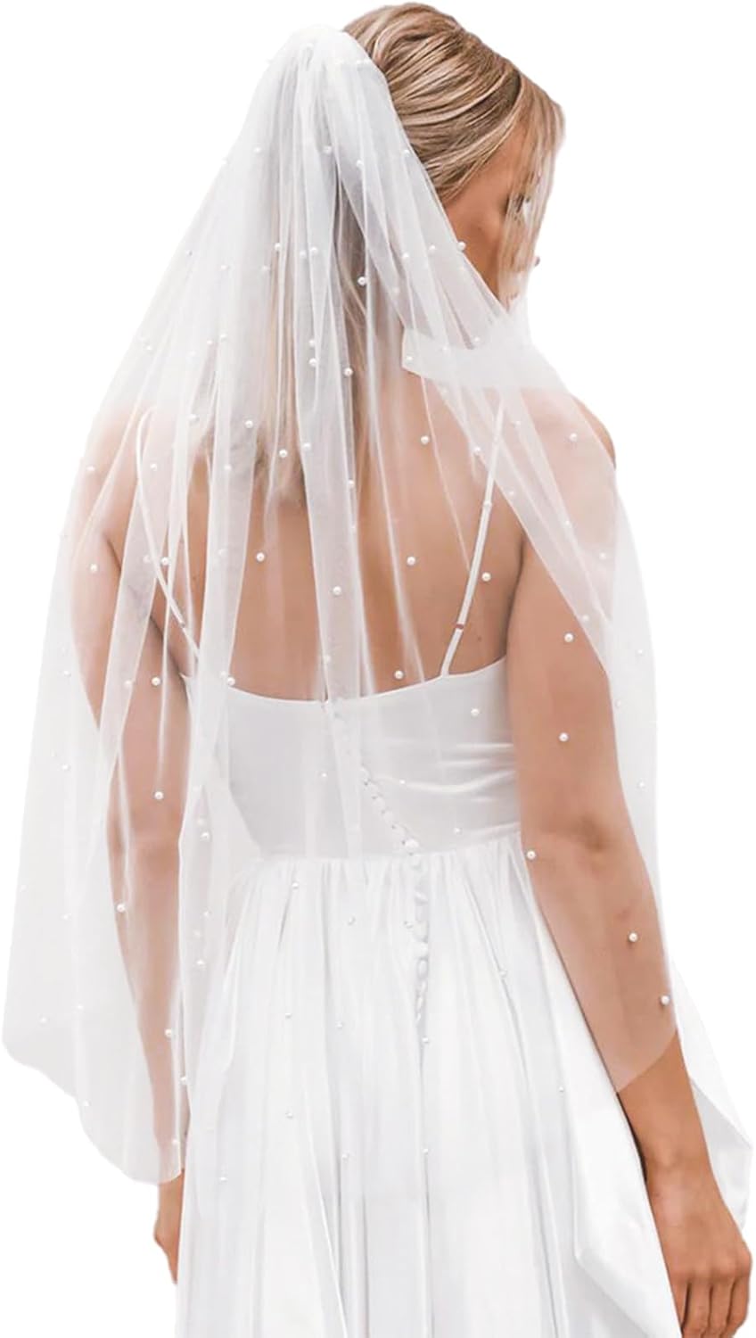 Bridal Wedding Veil Pearl Bride Veil 1 Tier With Metal Comb for Woman