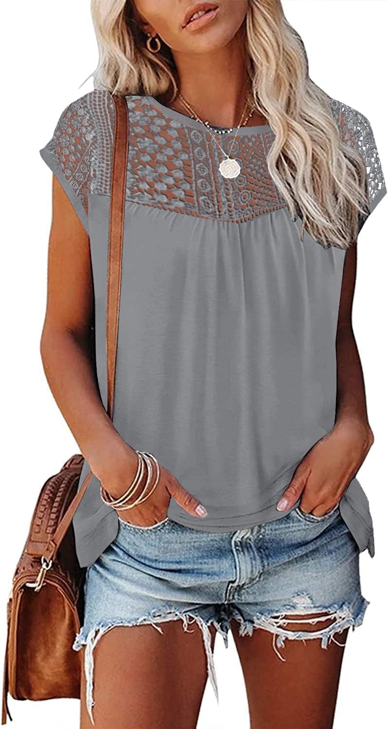 ETCYY Womens Cap Sleeve Summer Tops 2025 Trendy Loose Fit Lace Short Sleeve T Shirts Casual Blouses