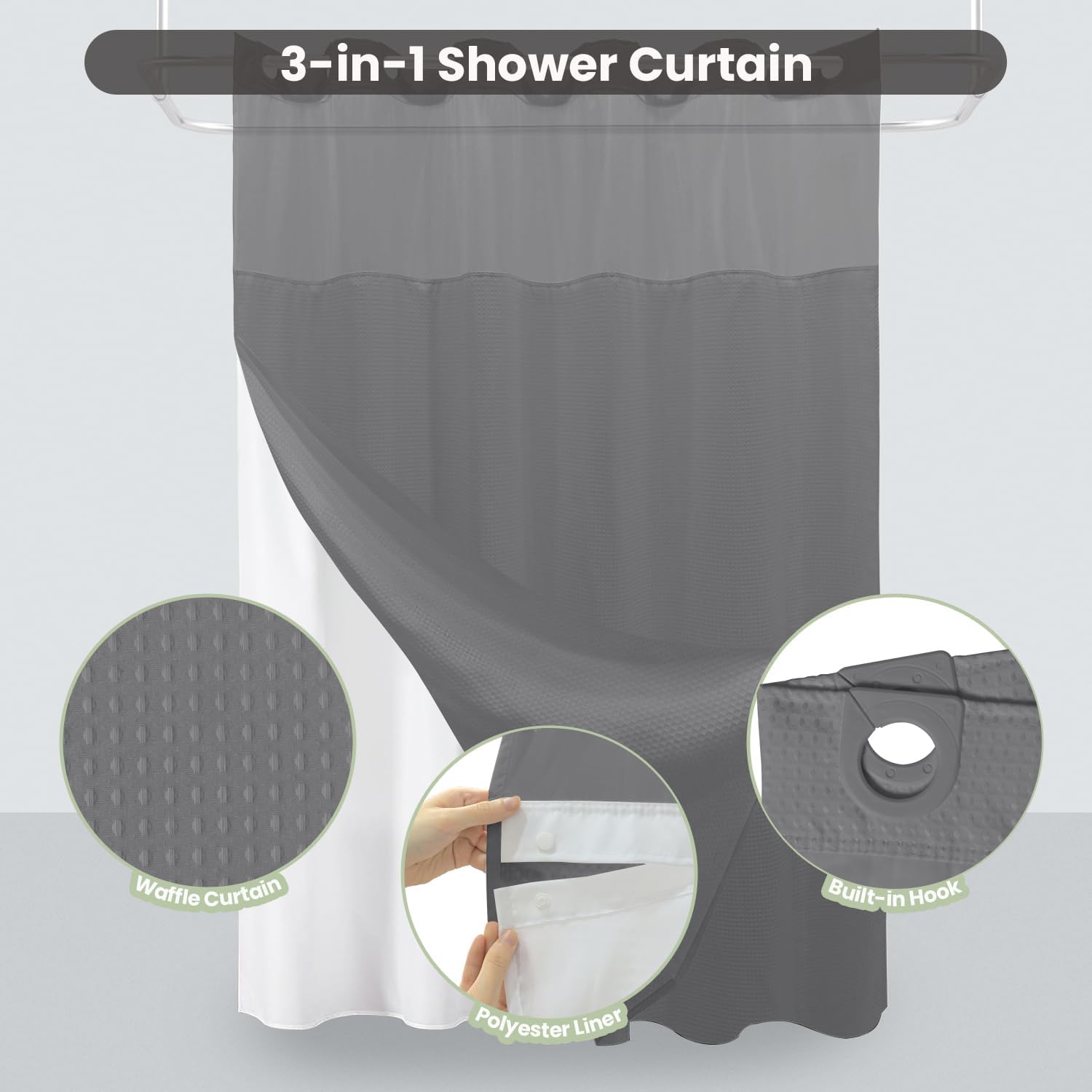 Inhousolu Long No Hook Shower Curtain with Snap in Fabric Liner Set Waffle Weave 230GSM Weighted Hem, Waterproof & Washable Bathroom Curtain Spa Luxury with Mesh Top Window 72" W x 78" L Grey