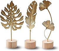 Uimoky Gold Leaf Decor Set - 3PCS Handmade Metal Leaf Sculptures (Monstera, Ginkgo, Feather) Modern 3D Botanical Home Office Shelf Accents