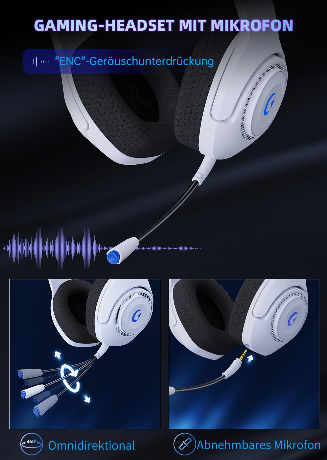 Gaming Headset Wireless, Gaming Kopfhörer Kabellos mit Abnehmbares 3D-Stereomikrofon, Bluetooth 5.2 Headset, Gaming Headset für PS5 PS4 PC, Switch, Mac, Weiß, CT400W