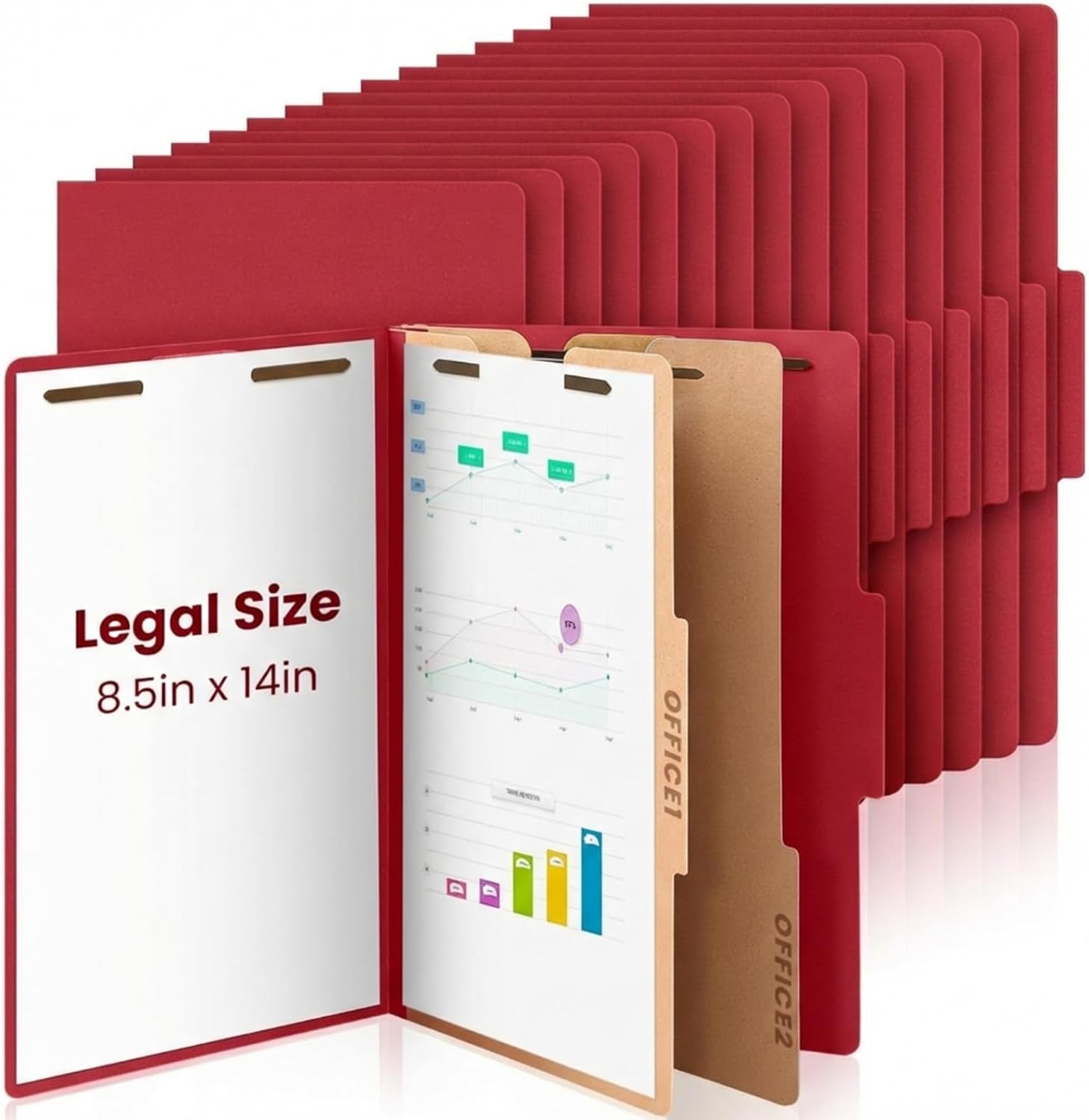 AmazingSpark 12 Pcs Legal Size Classification Folders Bulk 2 Divider Pressboard File Folder with Expansion 2 Prongs Fastener Heavy Duty Office File Organizer for School Hospitals Home(Dark Red)