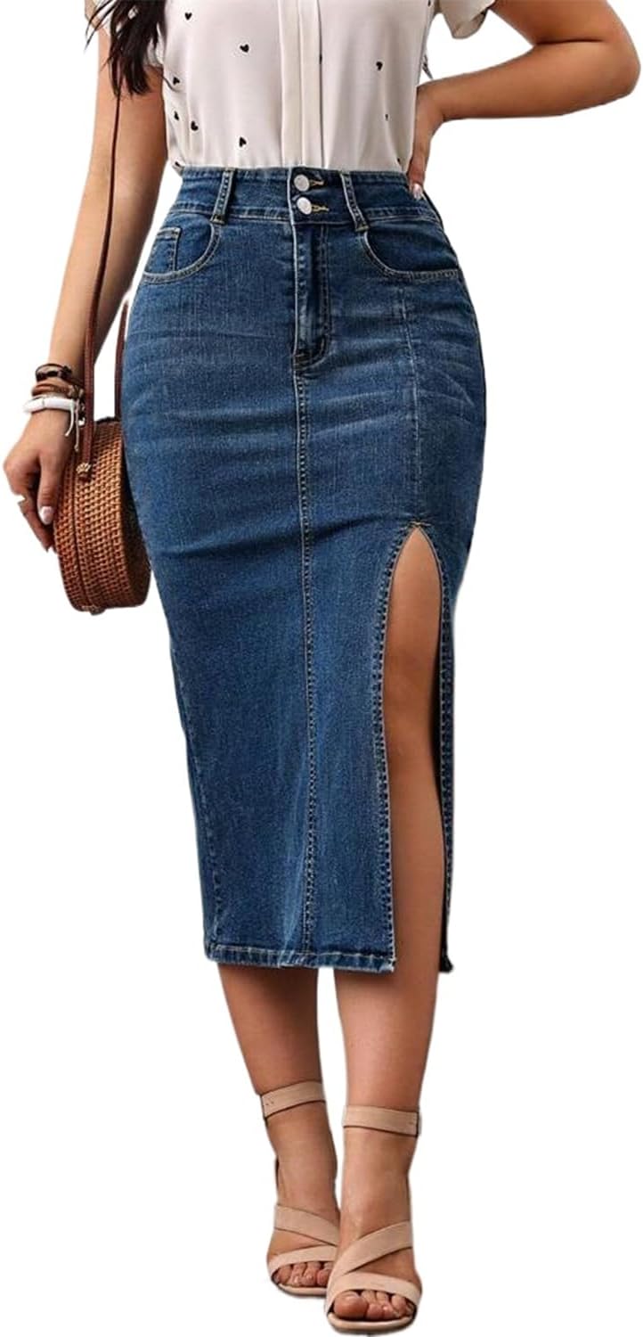 Womens Casual Slit Denim Midi Jean Skirt Stretch High Waist Frayed Button Up with Pockets