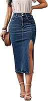 Women's High Waist Stretch Denim Midi Jean Skirt with Side Slit, Frayed Hem, Pockets - Casual Button-Up