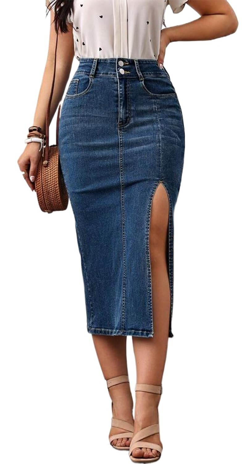 Womens Casual Slit Denim Midi Jean Skirt Stretch High Waisted Button Up Frayed with Pockets