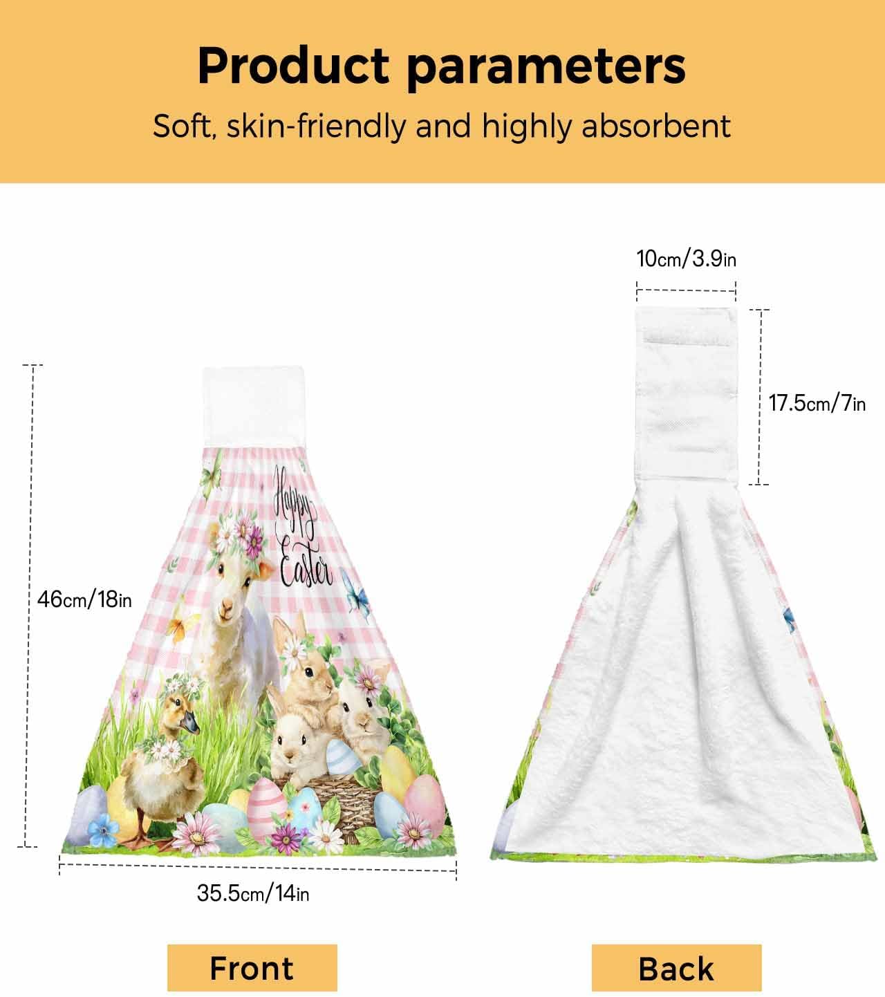 Easter Kitchen Hand Towels with Hanging Loops Set of 2 Rabbit Sheep Eggs Butterfly Flowers Pink Grid Soft Thick Oven Fingertip Dry Microfiber Tie Dish Towel Absorbent Cleaning Washcloth for Bathroom