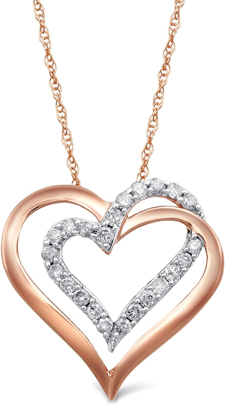 Jewelili10k Gold Diamond Double Heart Pendant Necklace, 18" (1/4cttw)