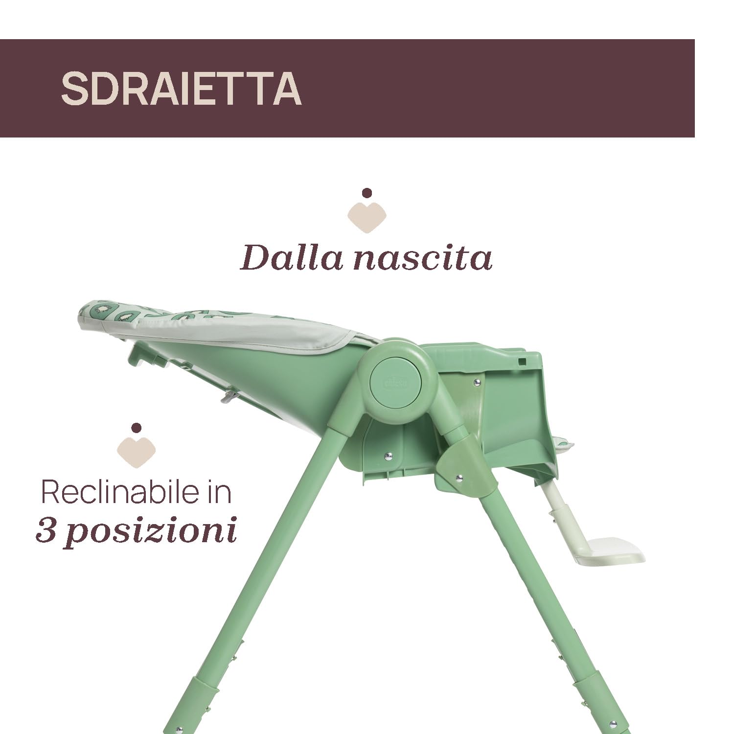 Chicco Polly Essential Seggiolone Pappa Evolutivo per Bambini da 0 Mesi a 15 KG, Reclinabile in 3 posizioni, 7 Livelli di altezza, Chiusura Compatta, Tessuto in poliestere riciclato, Verde