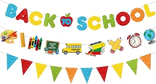 PTFNY Colorful Glitter Back to School Banner and Pattern Banner First Day of School Classroom Garland with Apple Drawing Board Ruler Crayon School Bus Signs Students Back to School Party Decorations Supplies