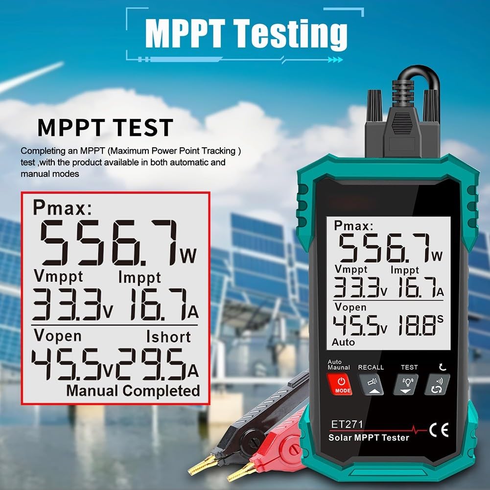 ET271 Misuratore di energia solare con tester fotovoltaico 2000W per moduli fotovoltaici, display da 3,2", protezione da sovratensione, registrazione dati, blu